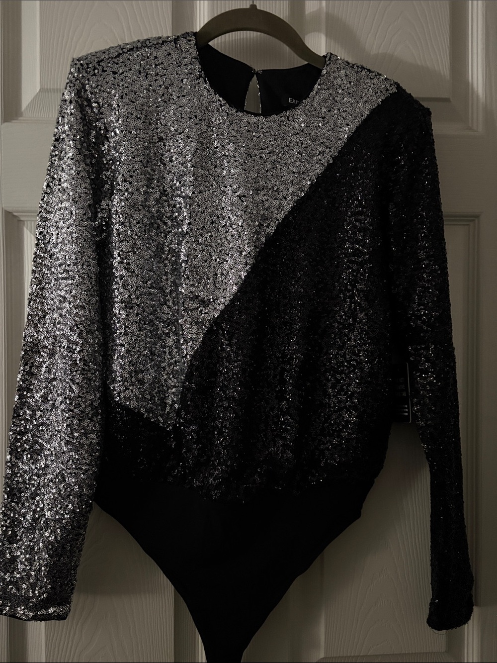 Express Sequin Colorblock Long-Sleeve Bodysuit - Silver & Black